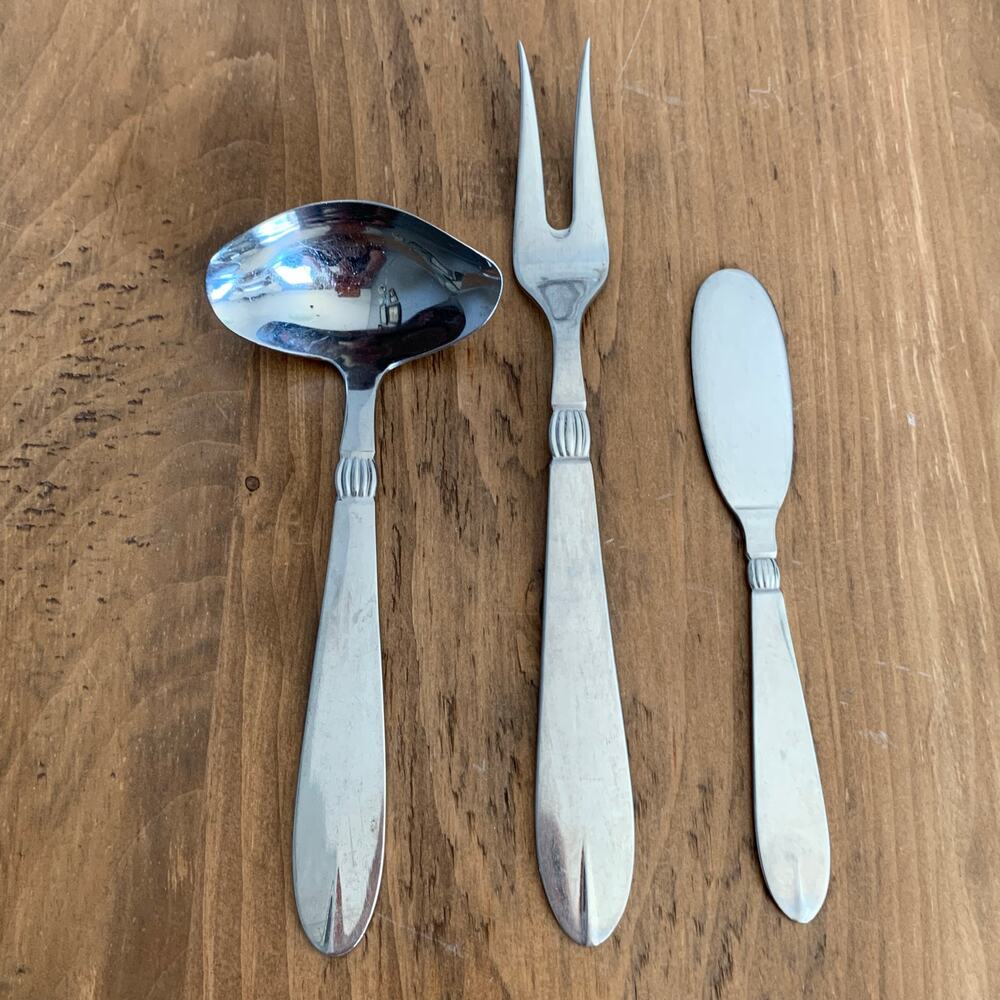 Sival Inger Stainless Flatware Denmark 3 Pc Glossy Ladle Fork Spoon Butter Knife